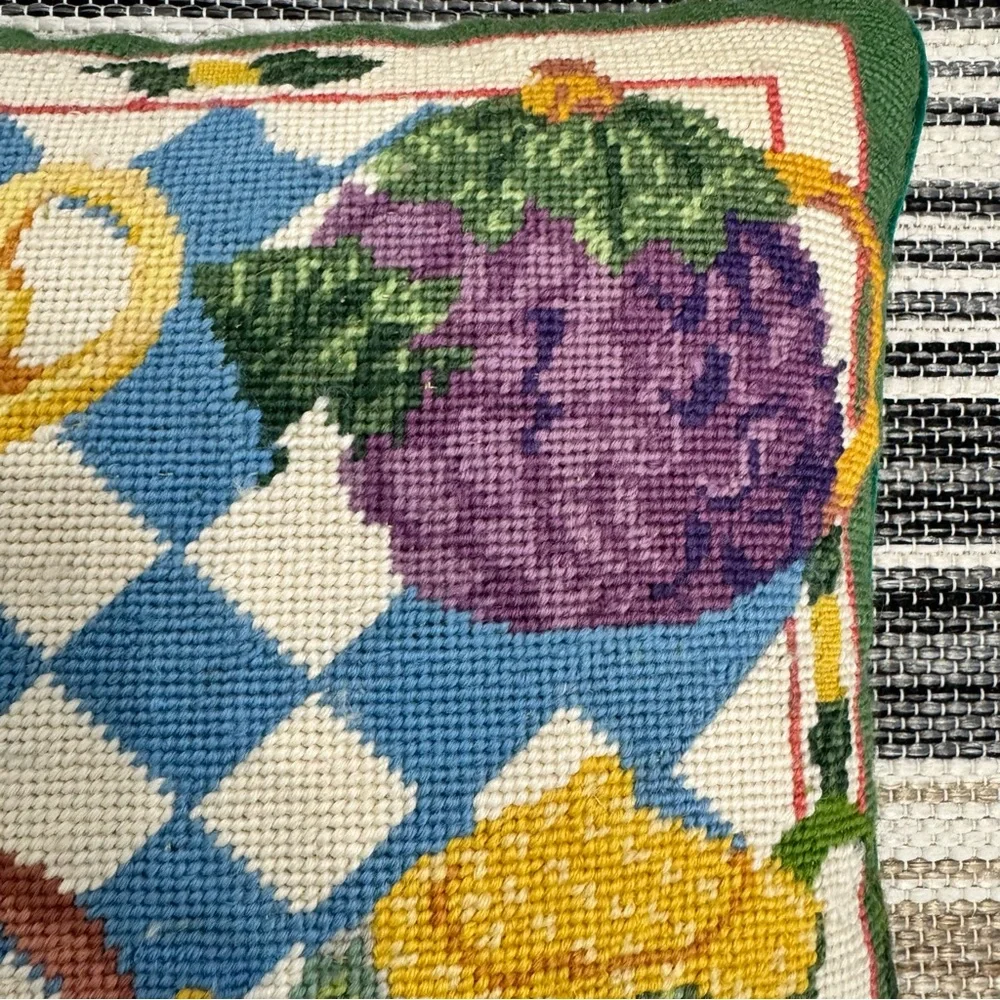 Vintage Wool‎ Needlepoint Multicolor Throw Pillow Teapot Collection